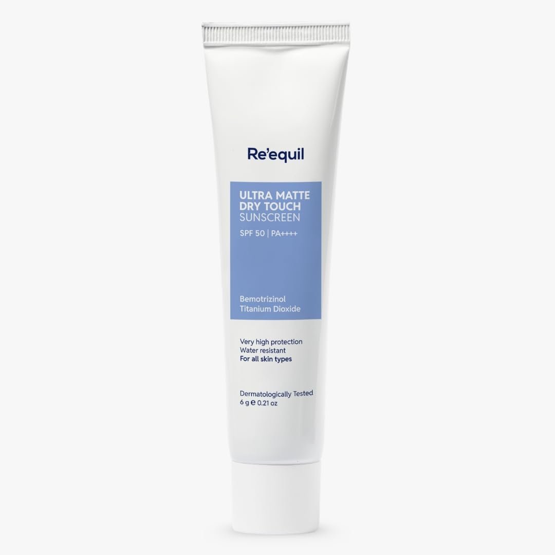 RE’ EQUIL Ultra Matte Dry Touch Sunscreen | SPF 50 PA++++ | Water & Sweat Resistant | No White Cast, Non-Greasy & Non-Comedogenic | For All Skin Types | 6G (Trial Pack)