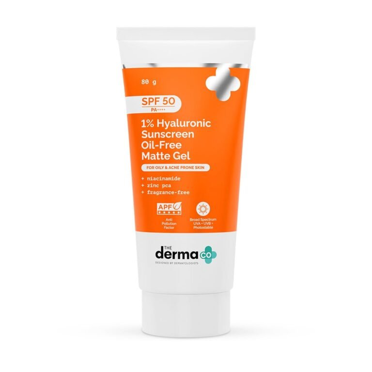 The Derma Co 1% Hyaluronic Sunscreen Oil-Free Matte Gel | Lightweight Sunscreen for Oily & Acne-Prone Skin | SPF 50 & PA++++ Protection | Safe & Effective | 80 g