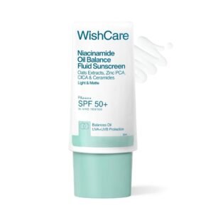 WishCare Niacinamide Oil Balance Fluid Sunscreen SPF 50 PA++++ In-Vivo Tested | 8Hrs+ SPF Protection | Lightweight, Matte & No White Cast | Sunscreen SPF 50 For Oily Skin, Sensitive, Dry & Combination Skin | For Women & Men | 30ml