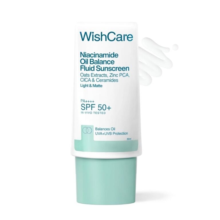 WishCare Niacinamide Oil Balance Fluid Sunscreen SPF 50 PA++++ In-Vivo Tested | 8Hrs+ SPF Protection | Lightweight, Matte & No White Cast | Sunscreen SPF 50 For Oily Skin, Sensitive, Dry & Combination Skin | For Women & Men | 30ml