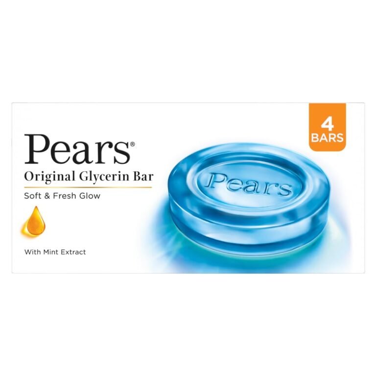 Pears Original Glycerin Soap Bar – Soft & Fresh Glow | With 98% Pure Glycerin & Mint Extract | For a Fresh Glow | With Plant Based Cleanser for Skin & Body | Paraben-free | 125gms x 4