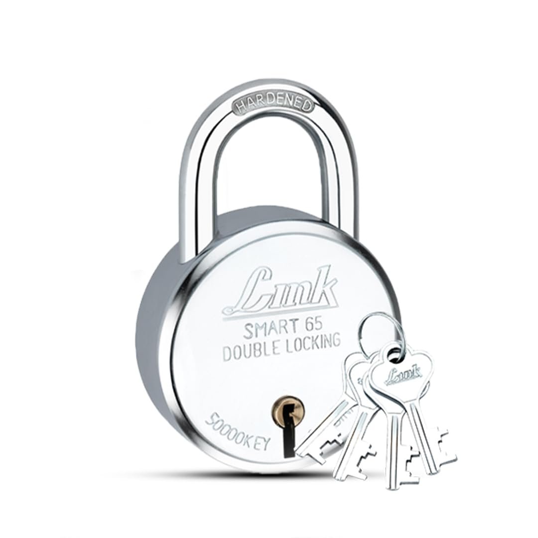 Link Smart 65mm Round Padlock – 7 Levers, Double Locking, Hardened Shackle, 50,000 Key Combinations, Steel Body, 4 Silver Keys (Silver)