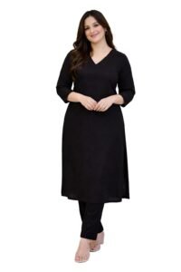 Cotton Blend Solid Straight Kurta Set for Women with Pant 3/4 Sleeve, V Neck Designer Kurta with Palazzo Pant Set