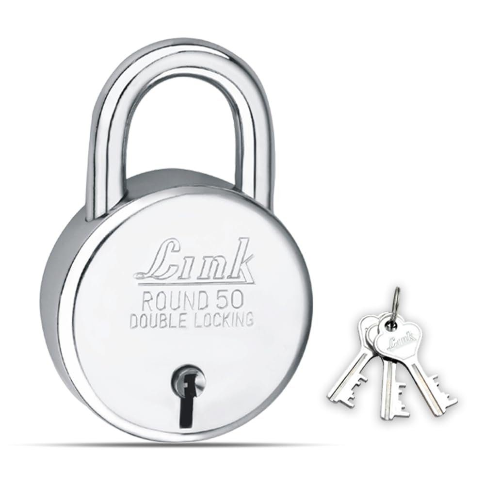 Link Locks| Round 50mm Padlock with 3 Keys |Lock for Main Door, Gate, Shops, Office | Silver Finish |2 Years Warranty