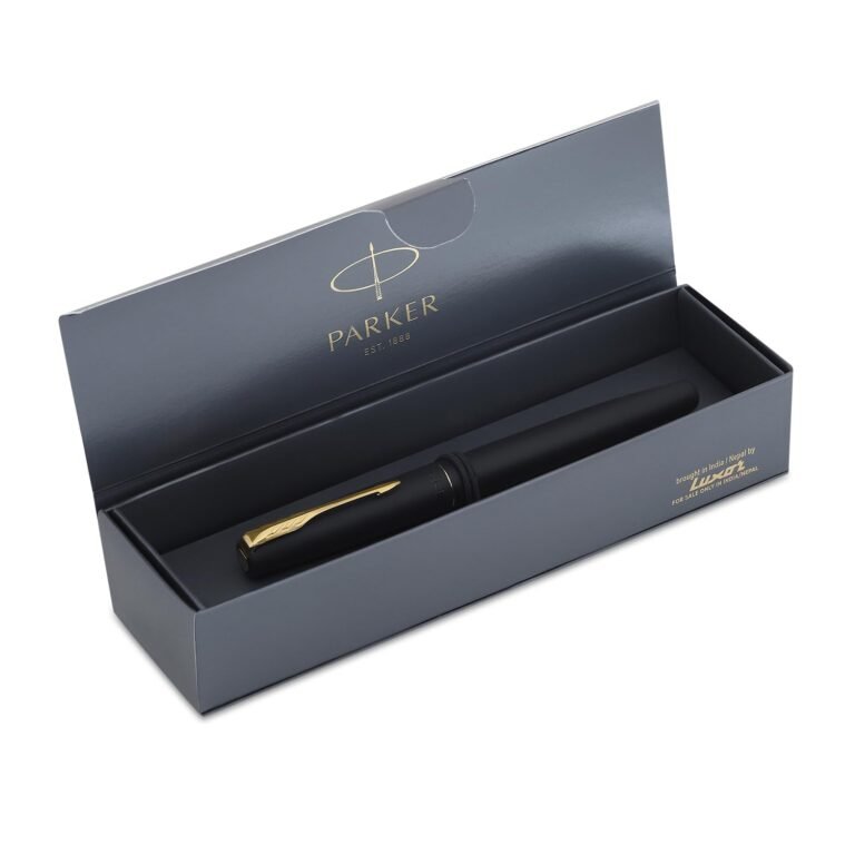 Parker Frontier Fountain Pen | Matte Black Body with Gold Trim | Blue Color Ink | Refillable Fine Nib Pen for Smooth Writing | A Premium Writing Experience for Everyone