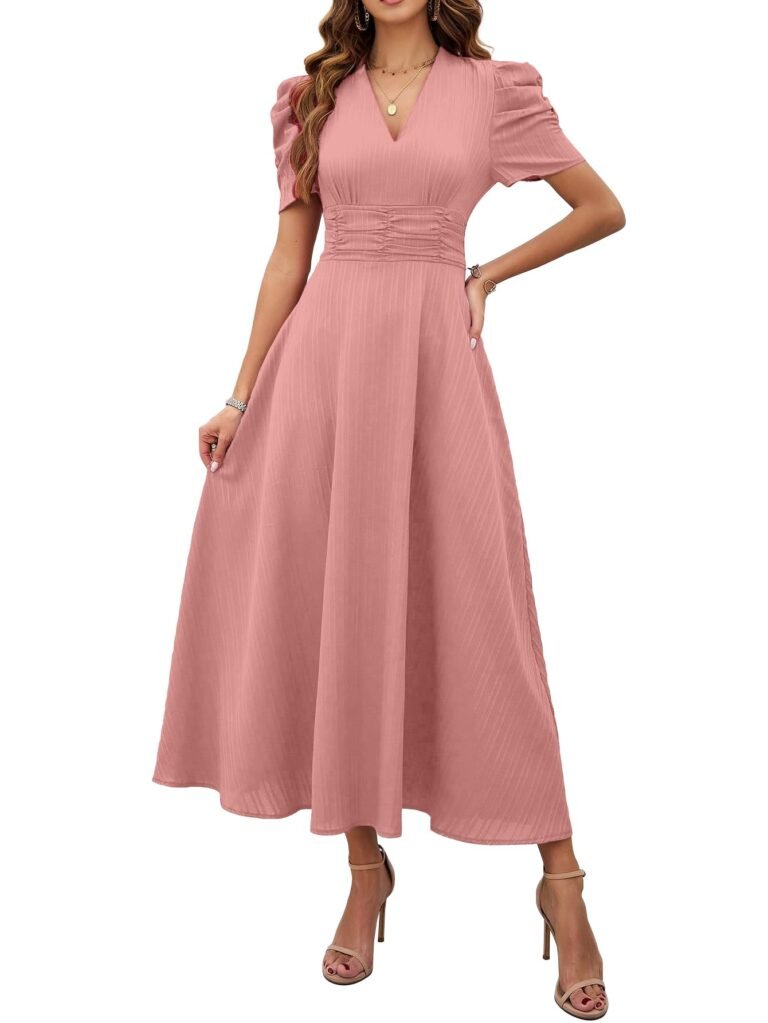 Shasmi Girl’s & Women’s Solid Color V-Neck A-Line Maxi Dress for Women | New Year Party Outfit | Waist Cinched Puff Sleeve Western | Elegant Casual Wear (Dress 246)
