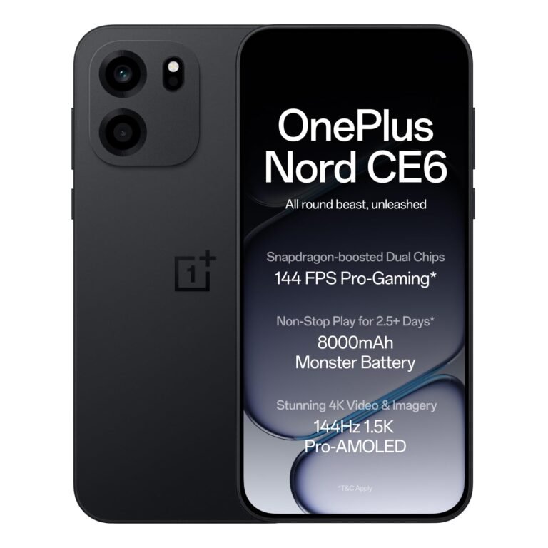 OnePlus Nord CE6 | 8GB+256GB | Pitch Black | Snapdragon 7s Gen 4 | Segment’s Fastest Touch Response | 8000mAh Battery | 144Hz 1.5K AMOLED Display | 50MP Main + 32MP Selfie 4K Cameras | IP66,68,69,69K