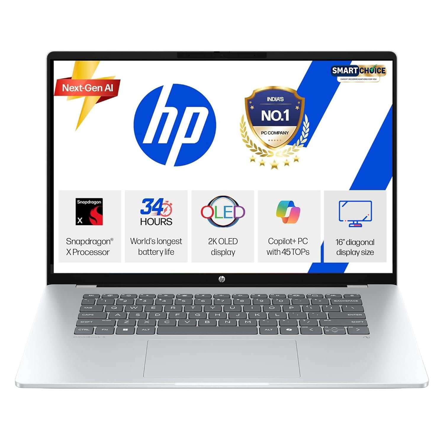 HP Omnibook 5 OLED (Previously Pavilion), Snapdragon X Processor 45 Tops (16GB LPDDR5x, 1TB SSD) 2K,16”/40.6cm, Win11, Office24, Silver, 1.59kg, fb0001QU, Multi-Day Battery AI Laptop