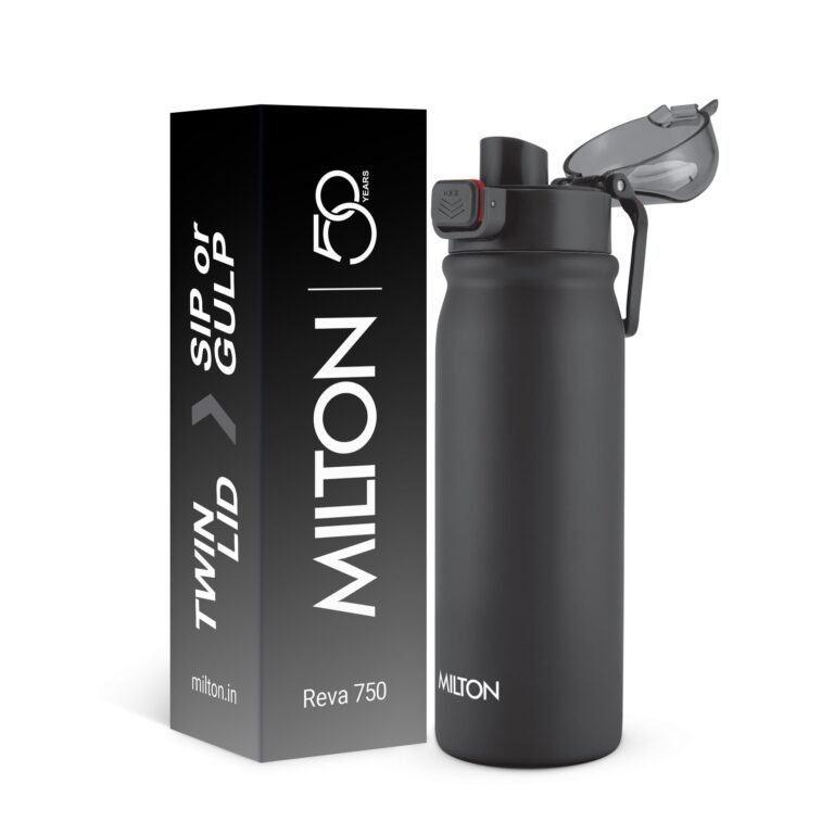MILTON Reva 750 ISI Certified Stainless Steel Water Bottle with Twin Lid Sip or Gulp, 750ml | Single Wall, BPA-Free, Leakproof | Sturdy Handle | Ideal for Home, Office, Gym & Travel, Black