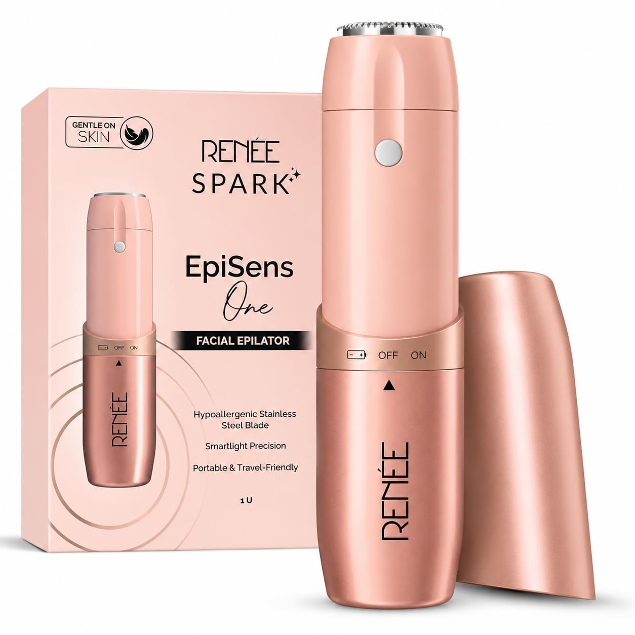 RENEE Spark EpiSense One Facial Hair Remover | Cheeks, Upper Lip & Chin, Gentle On Skin | With Hypoallergenic Stainless Steel Blade & Smartlight Precision | For Women | 1 Unit