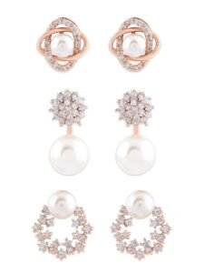 Zaveri Pearls Combo of 3 Cubic Zirconia & Pearls Contemporary Stud Earrings For Women-ZPFK10381