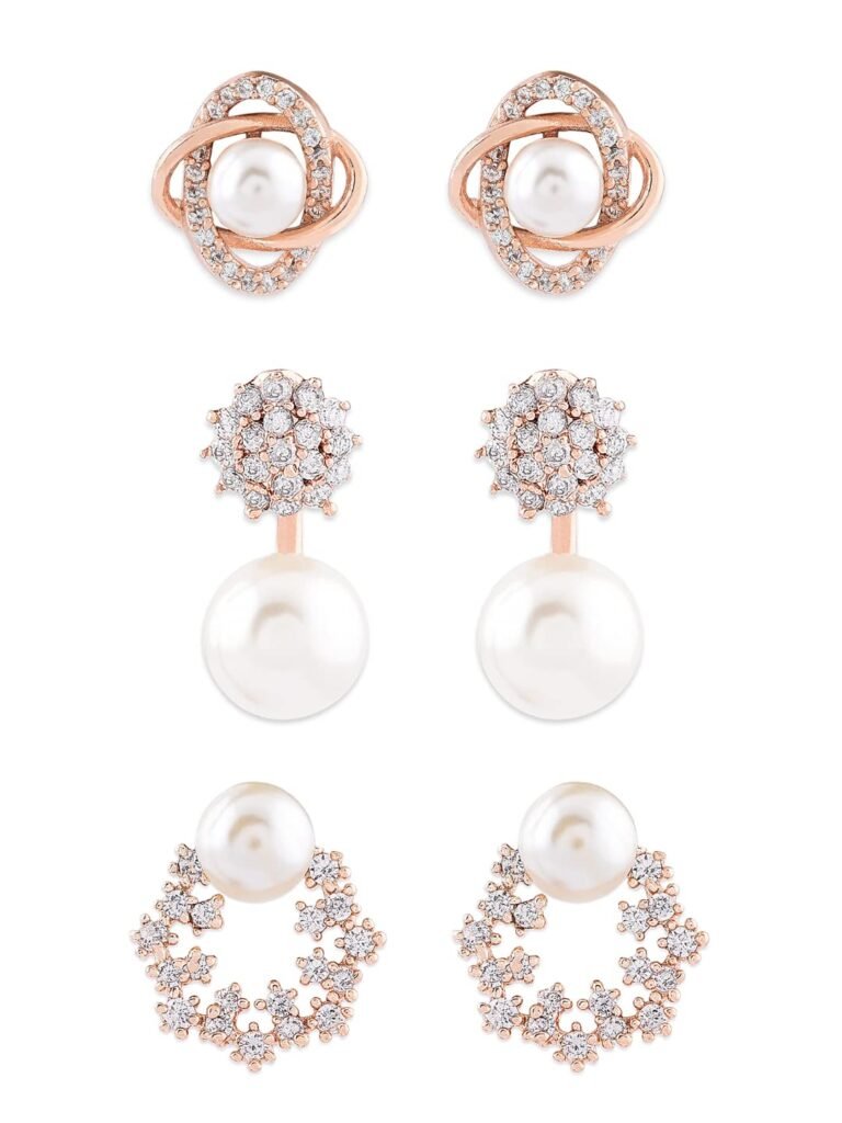 Zaveri Pearls Combo of 3 Cubic Zirconia & Pearls Contemporary Stud Earrings For Women-ZPFK10381