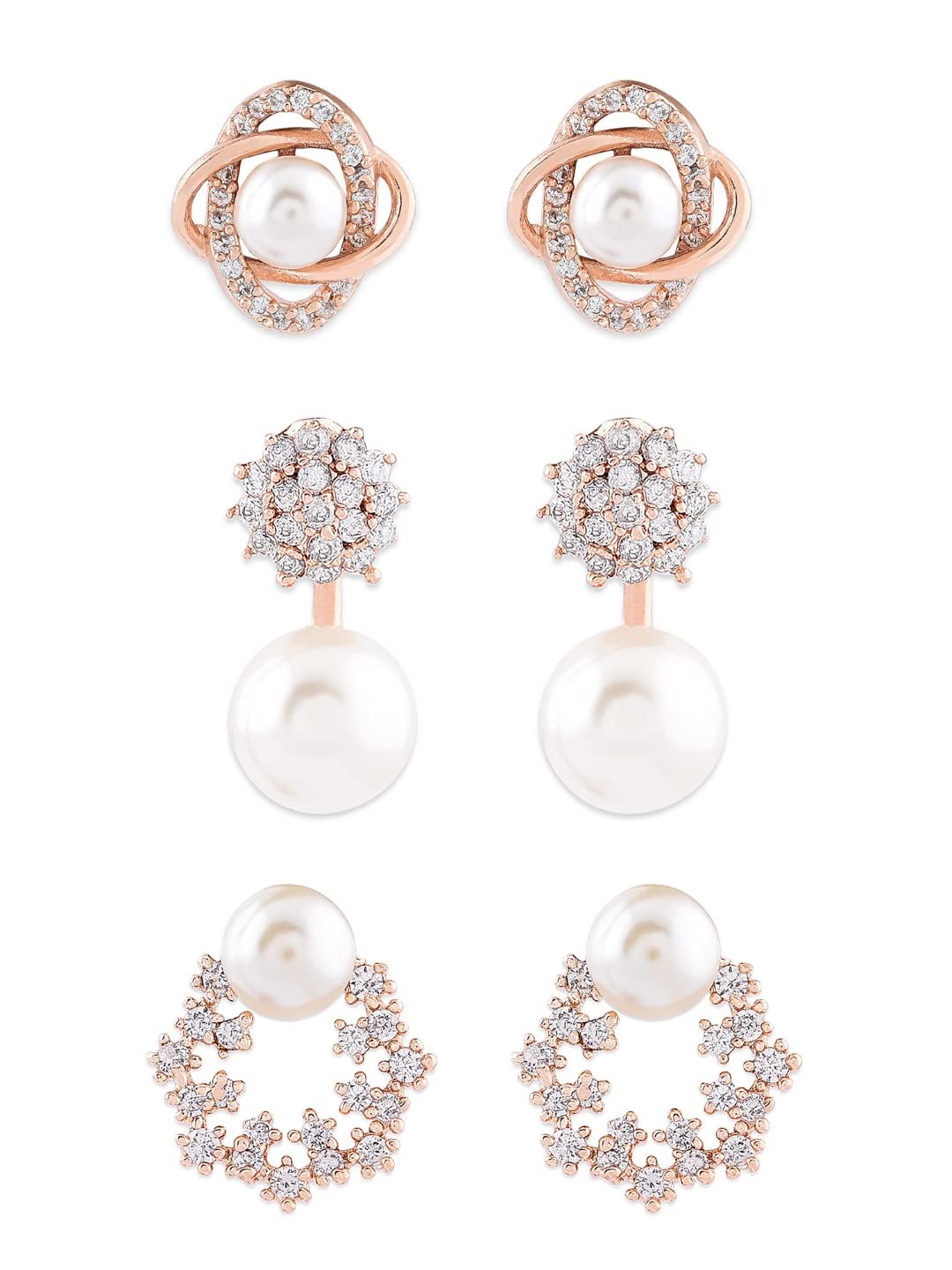 Zaveri Pearls Combo of 3 Cubic Zirconia & Pearls Contemporary Stud Earrings For Women-ZPFK10381