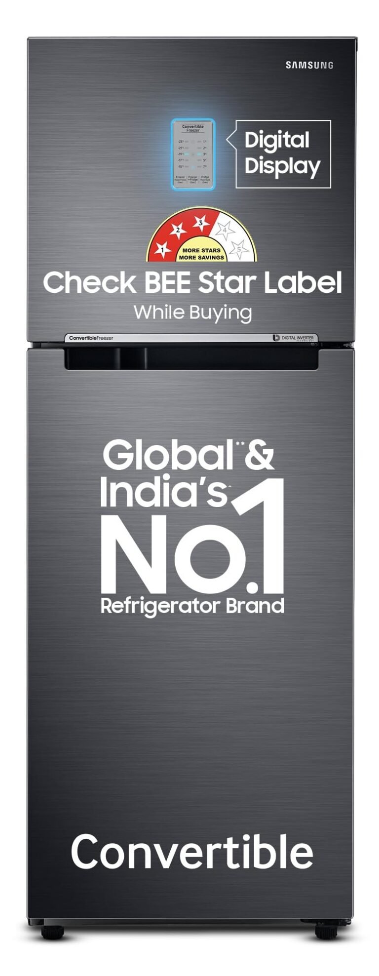 Samsung 236 L, 3 Star, Convertible, Digital Inverter with Display Frost Free Double Door Refrigerator (RT28C3733B1/HL, Black Matte/Black DOI)