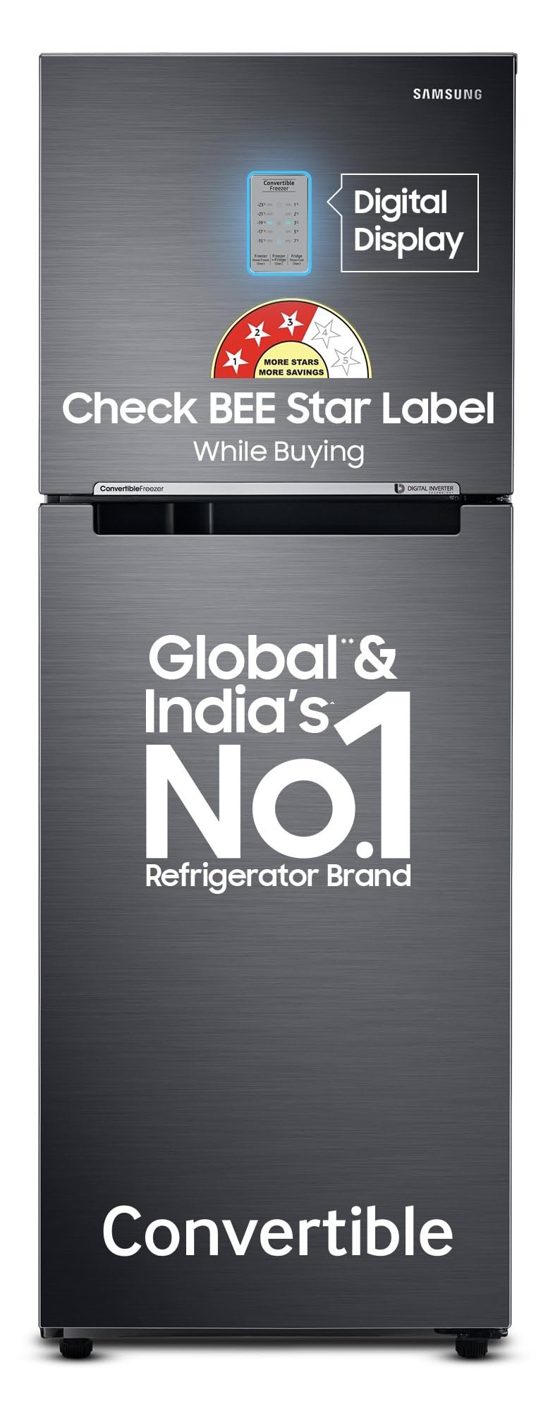 Samsung 236 L, 3 Star, Convertible, Digital Inverter with Display Frost Free Double Door Refrigerator (RT28C3733B1/HL, Black Matte/Black DOI)