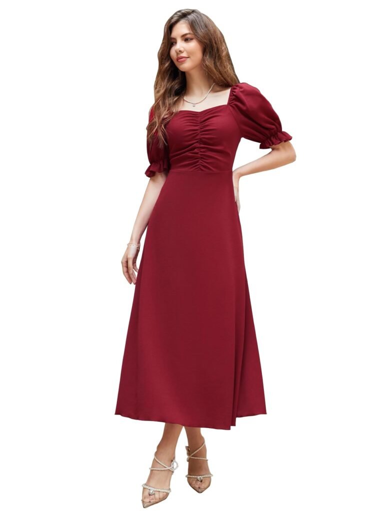 Shasmi Girl’s & Women’s Solid A-Line Ruched Puff Sleeve Maxi Long Evening One Piece Long Dress for Women Stylish (Dress 131)