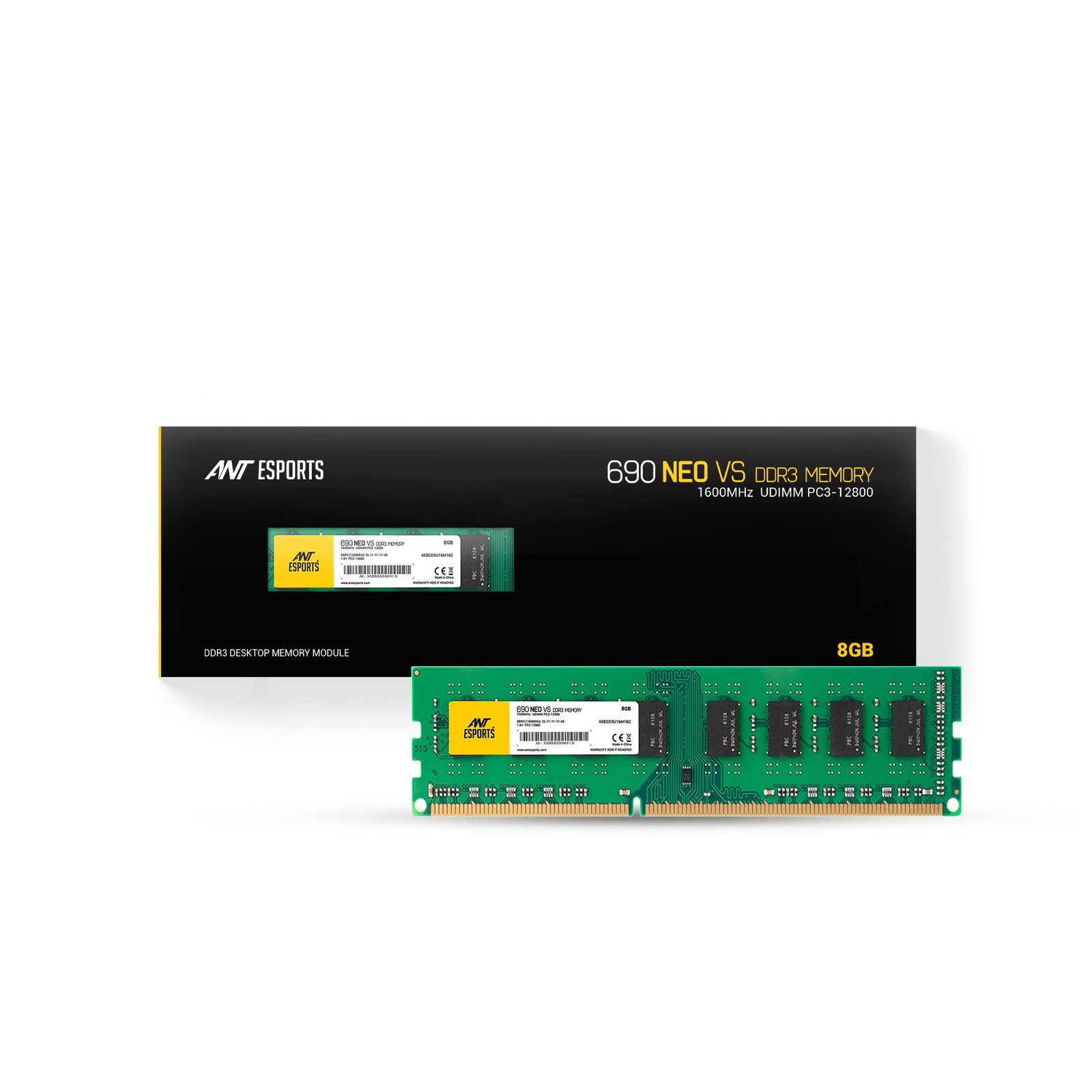 Ant Esports 690 NEO VS 8GB (1 * 8GB) DDR3 1600 MHz (PC3-12800) CL11 Desktop RAM | 240-Pin U-DIMM Memory Module (AE8GD3U16M16C)