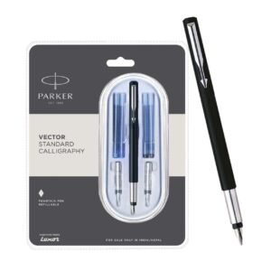 Parker Vector Standard Chrome Trim Calligraphy Fountain Pen| Black Body Color with 4 Ink Cartridges (2 Blue + 2 Black) | Gift for Artists | Perfect for Creative Endeavors