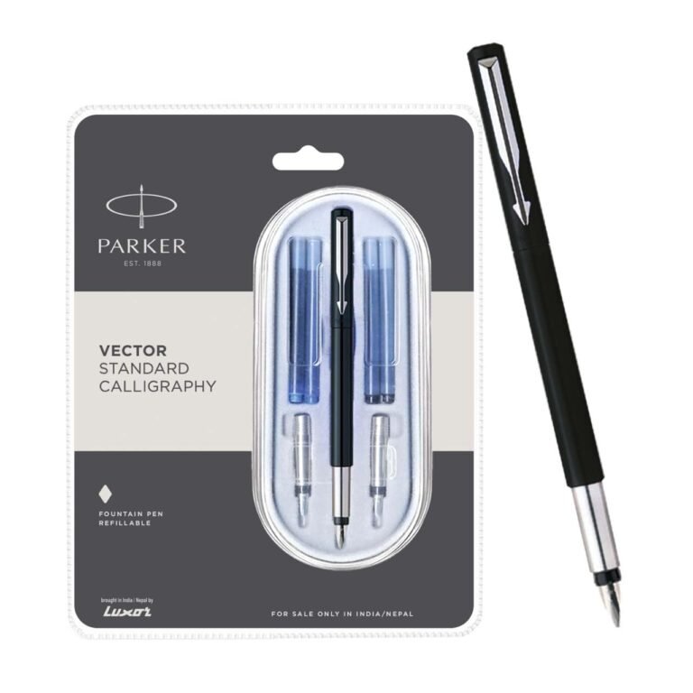 Parker Vector Standard Chrome Trim Calligraphy Fountain Pen| Black Body Color with 4 Ink Cartridges (2 Blue + 2 Black) | Gift for Artists | Perfect for Creative Endeavors