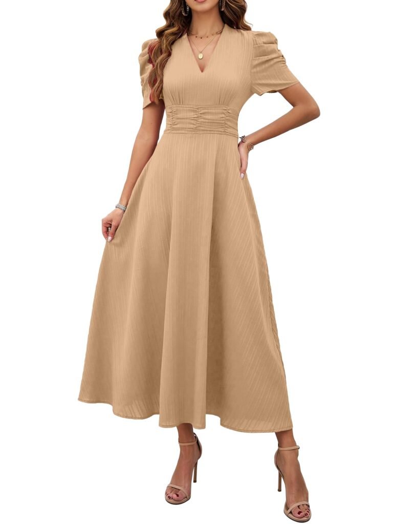Shasmi Girl’s & Women’s Solid Color V-Neck A-Line Maxi Dress for Women | New Year Party Outfit | Waist Cinched Puff Sleeve Western | Elegant Casual Wear (Dress 246)