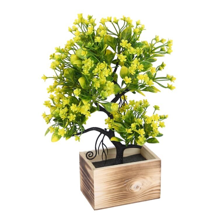 Amazon Basics Artificial Yellow Tree in Wooden Rectangular Tray | Realistic 30 cm Faux Greenery | Stylish & Compact | Zero Maintainance | Indoor, Outdoor, Home & Office Décor