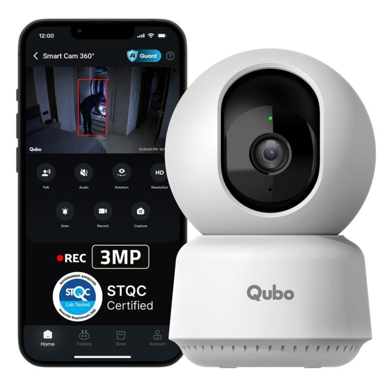 Qubo Smart Cam 360° 3MP [2026 Edition] by Hero Group | STQC Certified | AI Person Detection | Intruder Alarm | Color Night Vision | Two-Way Talk | Records Directly on Cloud | No SD Card Required