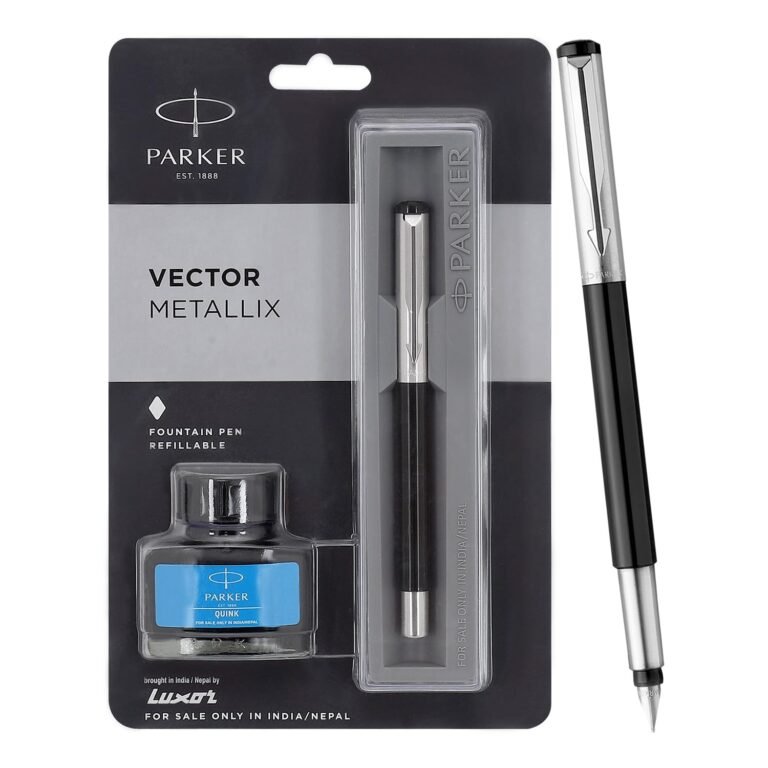 Parker Vector Mettalix Chrome Trim Fountain Pen with Quink Ink Bottle – Blue | Refillable Fountain Pen for Professionals, Students | Ergonomically Crafted for Comfortable, Fatigue-Free Writing