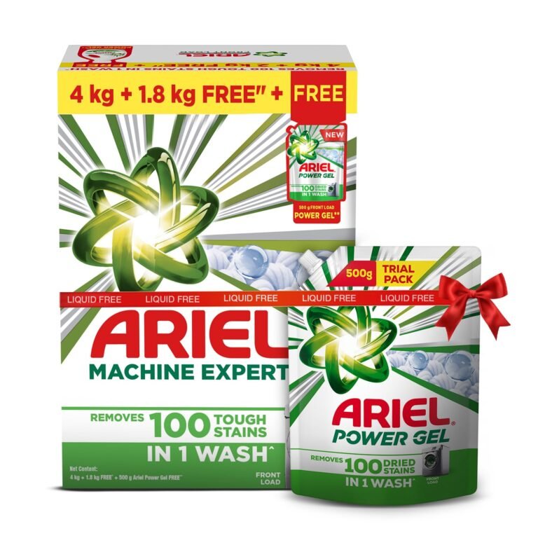 Ariel Matic Machine Expert Detergent Powder Front Load – 4Kg + 1.8kg + 500g Liquid free | Removes 100 Tough Stains in 1 wash | Specially Designed for Washing Machines | Fresh Fragrance