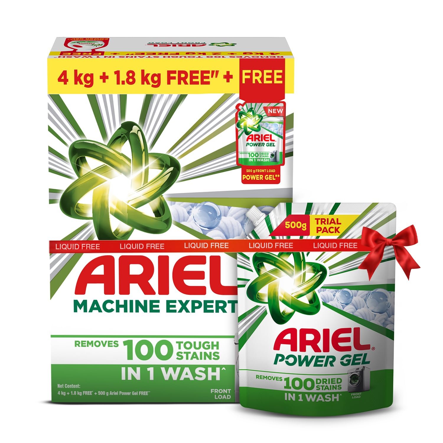 Ariel Matic Machine Expert Detergent Powder Front Load – 4Kg + 1.8kg + 500g Liquid free | Removes 100 Tough Stains in 1 wash | Specially Designed for Washing Machines | Fresh Fragrance