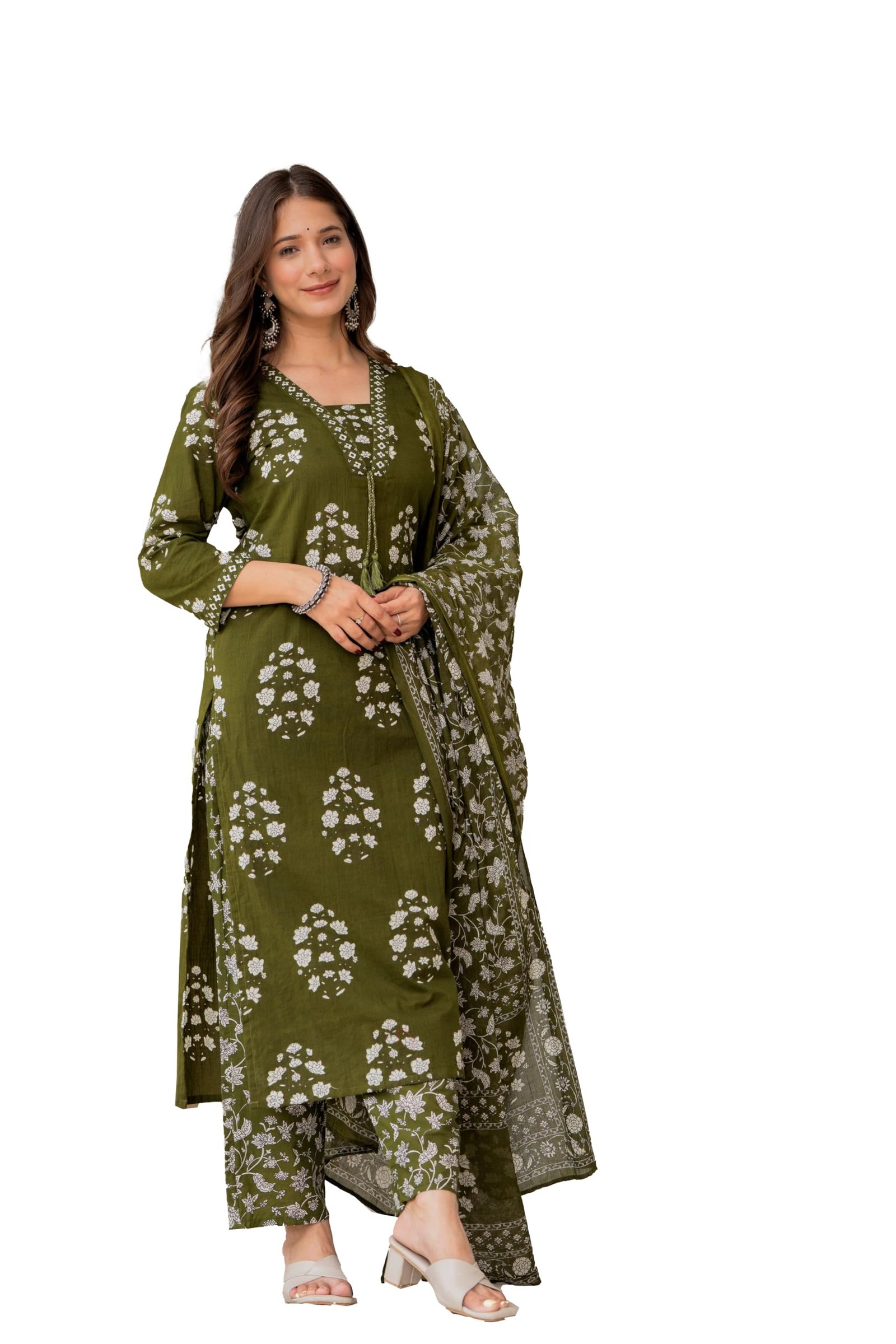 PARTHVI Women’s Pure Cotton Printed Straight Kurta Set with Palazzo Pants & Dupatta- Ethnic Wear, Green