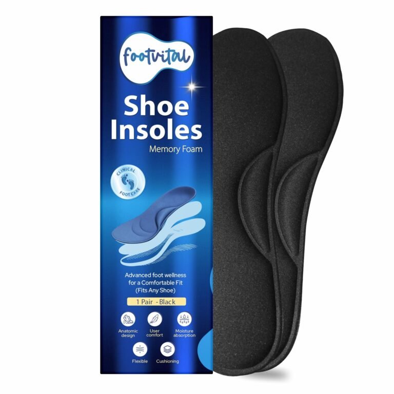 Footvital Memory Foam Shoe Insoles for Men and Women | Soft Cushioned Inserts for Long Standing and Walking | Supports Heel and Arch | Shock Absorbing | Moisture Absorbing | Lightweight Washable Insoles for All Shoes | 1 Pair | Black | Size 9