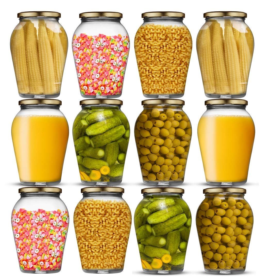 Glassbunny Big Pot Kitchen Storage Glass Jars & Containers for Kitchen Storage with Airtight Golden Metal Lid 1000ML Pack of 12