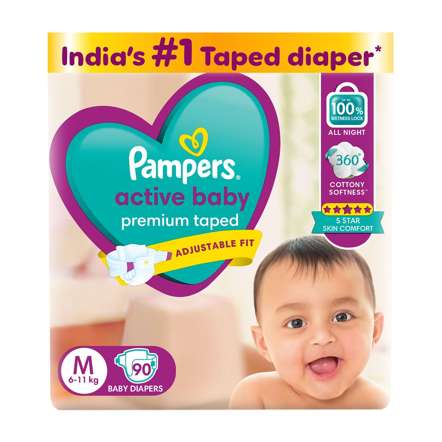 Pampers Active Baby Taped Diapers, Medium size diapers, (6-11kg) 90 count,taped style custom fit