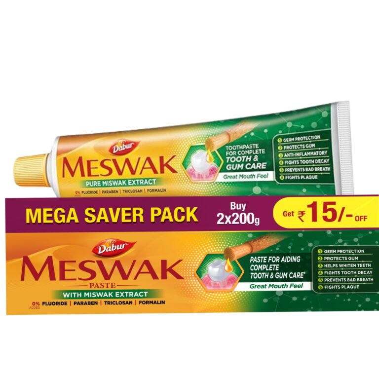 Dabur Meswak: India’s No-1 Fluoride Free Toothpaste with Antibacterial, Anti Inflammatory & Astringent benefits,Cavity Protection|Helps fight Plaque, Tartar, Cavity and Tooth Decay- 400 gram(200gm*2)