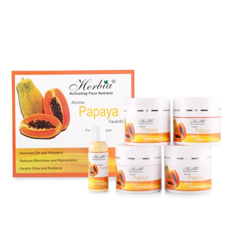 Herbia Papaya Facial Kit for Glowing Skin, 5-Step Scincare Kit for Women & Men, Papaya Extract Face Care Kit, Helps Remove Tan, Dirt & Dullness, Deep Cleansing, Exfoliating & Hydrating Facial Kit, Suitable for All Skin Types, 400g