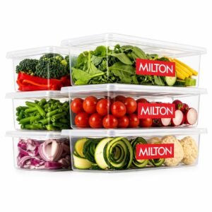 MILTON Cryo Fridge Storage Boxes Set of 6 Fridge Organizer Container with Waterproof Vinyl Stickers & Removable Drain Plate, Lid, Stackable Box, Plastic Containers 1500 ml, Transparent