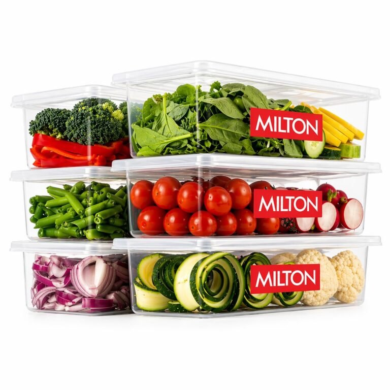 MILTON Cryo Fridge Storage Boxes Set of 6 Fridge Organizer Container with Waterproof Vinyl Stickers & Removable Drain Plate, Lid, Stackable Box, Plastic Containers 1500 ml, Transparent