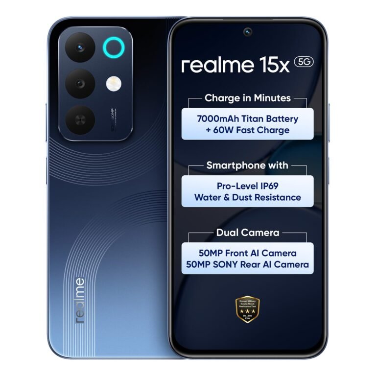 realme 15X 5G Smartphone 8+128GB Marine Blue, 6.8-inch Screen, 144Hz Display,7000mAh Battery, 60W Fast Charging, 50+50MP AI Camera,Dimensity 6300 6nm Octa-core chipset Processor, IP69