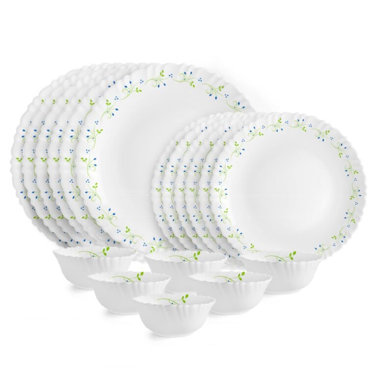 CELLO Tropical Lagoon Dazzle Series Opalware Dinner Set of 18 Pieces For Family of 6 | Bone-Ash Free & Leadfree Opal Glass, Microwave & Dishwasher Safe Plates & Bowls Crockery Set For Dining & Gifting