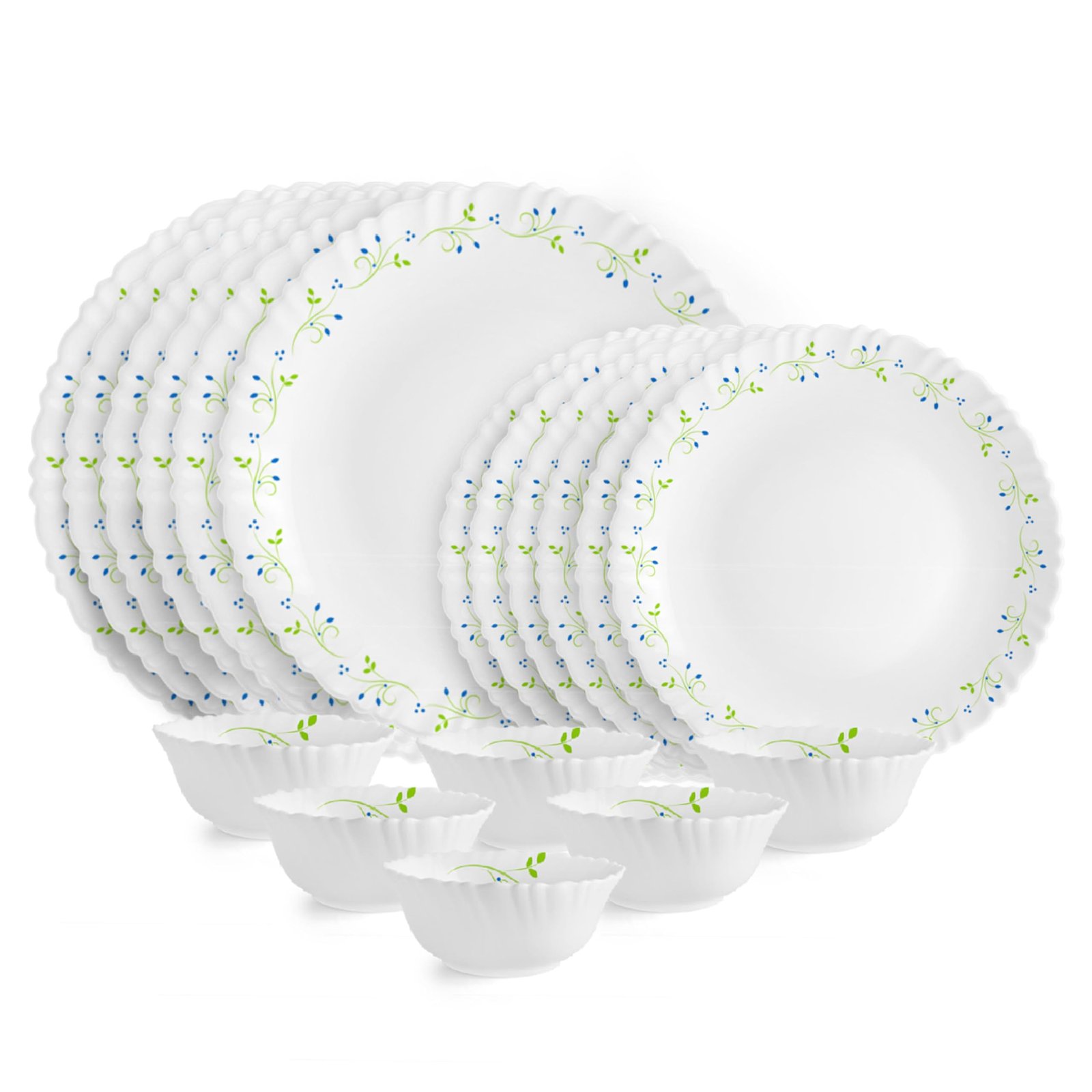 CELLO Tropical Lagoon Dazzle Series Opalware Dinner Set of 18 Pieces For Family of 6 | Bone-Ash Free & Leadfree Opal Glass, Microwave & Dishwasher Safe Plates & Bowls Crockery Set For Dining & Gifting