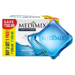 Medimix Clear Glycerine Bathing Bar Soap for Dry Skin 100g (3 + 1 Combo Pack) | Infused with Lakshadi Oil & Aloe Vera | Effective for Dry Skin