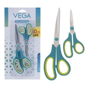 Vega General Scissor Set of 2 – Stainless Steel Blades Multipurpose Scissor for Home, Office, School, Sewing & Craft Use, Sharp Blades, Long-Lasting Sharpness, Comfortable Grip, (GCSS-01)