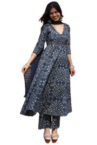 ANNI Designer Women’s Cotton Blend Bandhej Anarkali Kurta Set for Women | Maroon & Blue 3 Pc Suit Set with Palazzo & Dupatta | Ethnic Wear | Festive Outfit | Printed Kurta Set for Women
