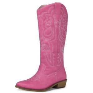 mysoft Women’s Cowboy Boots Mid Calf Western Embroidered Pointed Toe Chunky Heel Pull On Cowgirl Boots Fit Medium Wide Width
