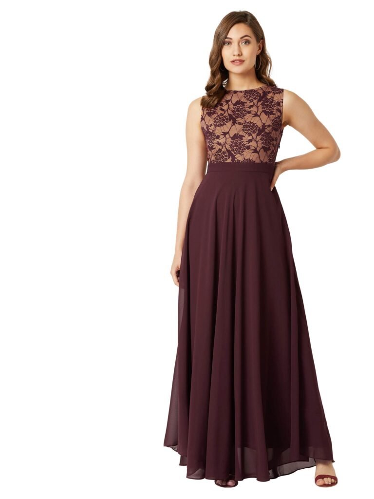 Miss Chase Women’s Brick Red & Dusty Green Boat Neck Sleeveless Self Design Lace Overlaid Regular Dress