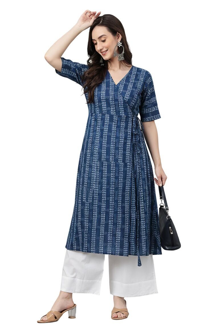 Janasya Women’s Navy Blue Pure Cotton Geometric Straight Kurta