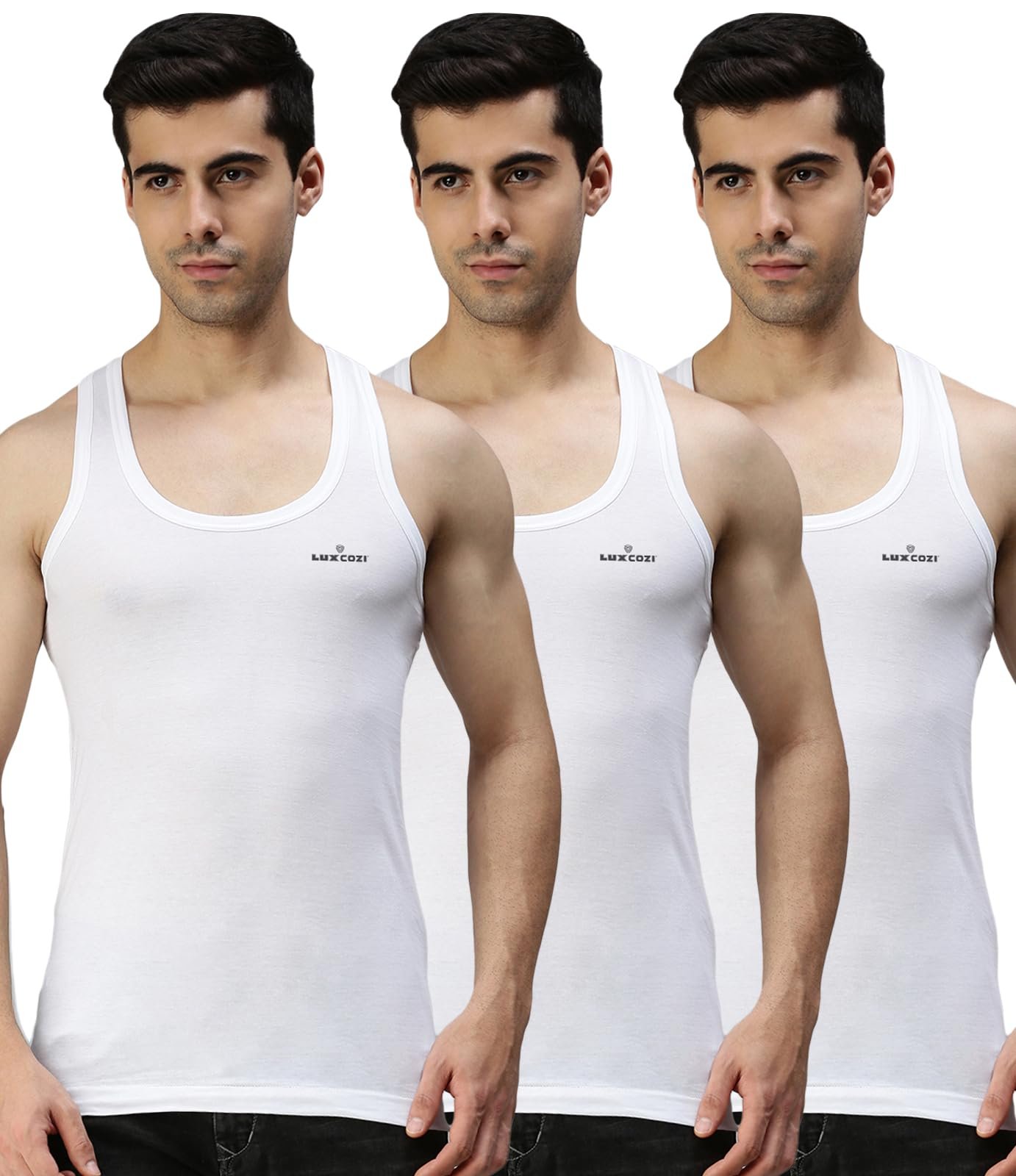 Lux Cozi Men’s White Round Neck Sleeveless Cotton Vest (Pack of 3)