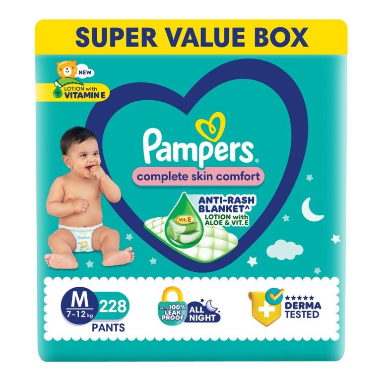 Pampers Complete Skin Comfort Pants, Medium (M) 228 Count, Anti-rash blanket, Lotion with Vitamin E & Aloe Vera, 7-12kg