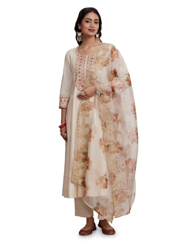 Amazon Brand – Myx Women’s Embroidered Anarkali Kurta Suit Set with Organza Dupatta | A-Line Fit (Available in Plus Sizes)