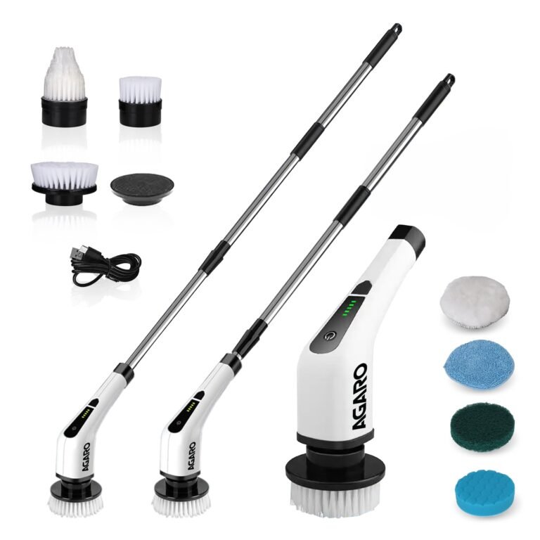 AGARO Royal Electric Spin Scrubber, Cleaning Brush Scrubber for Home, 400RPM/Min, 8 Replaceable Brush Heads, 90 Min Work Time, 3 Adjustable Size, 2 Adjustable Speeds, for Bathroom, Floor Tiles, White